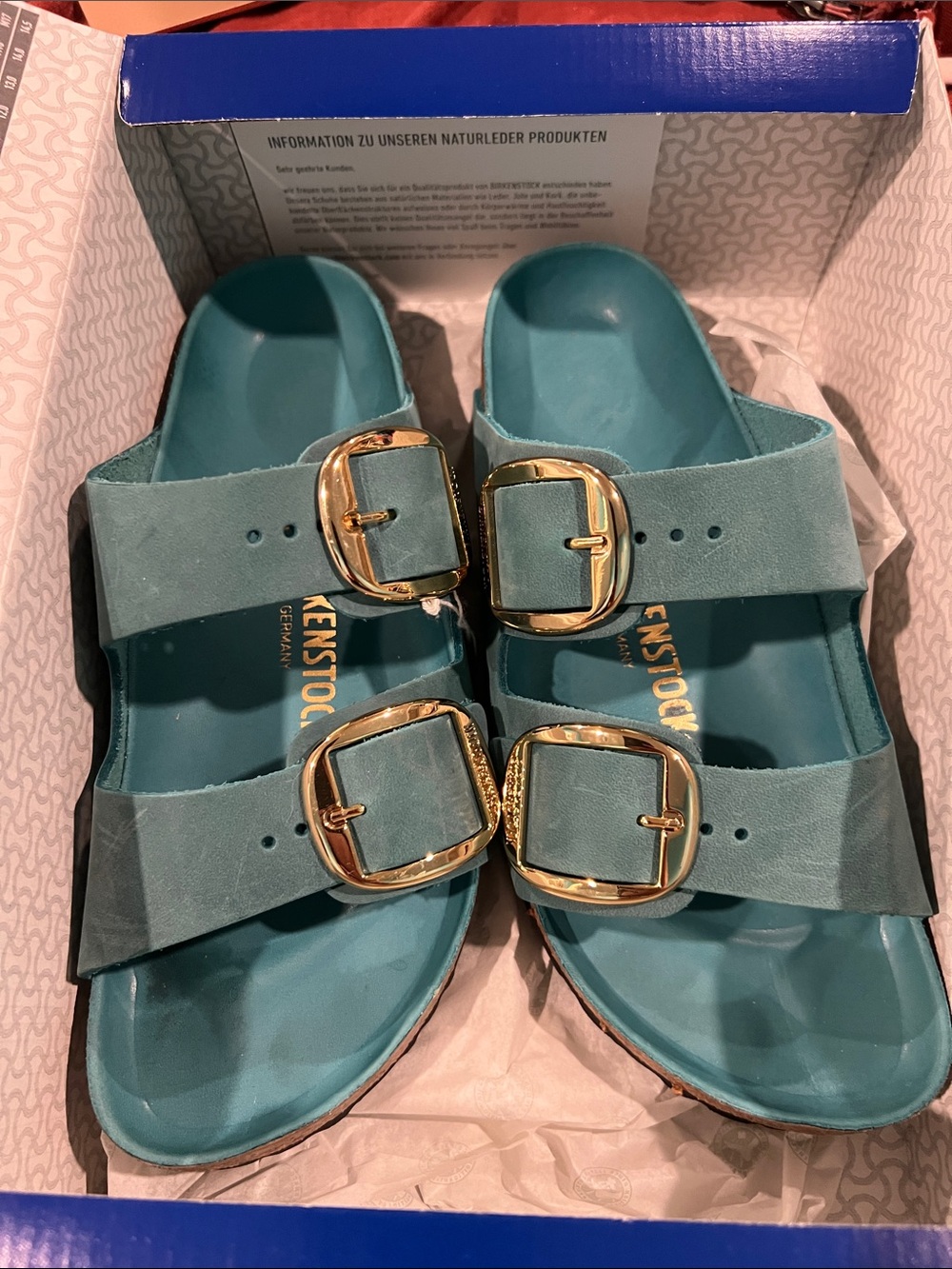 Birkenstock Two-Buckle Sandals in Teal with Gold Buckles Arizona